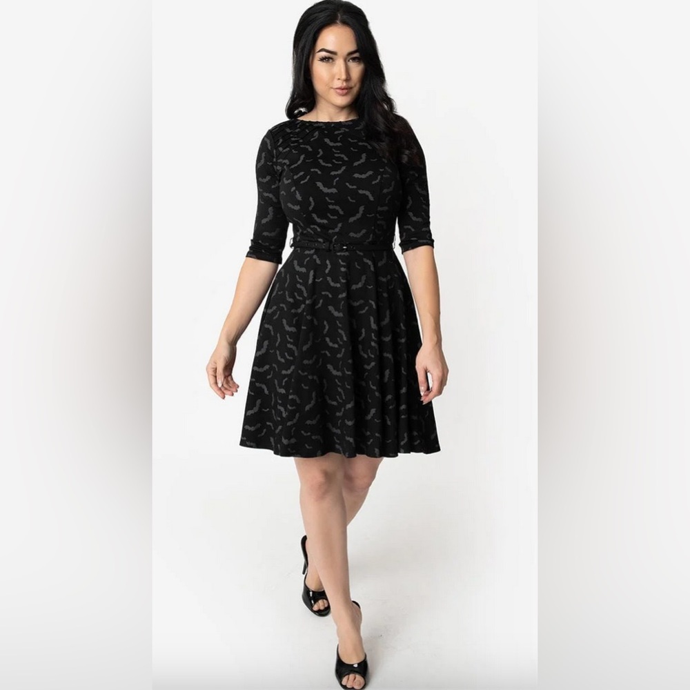 Unique Vintage - Black & Grey Bats Print Stephanie Fit & Flare Dress